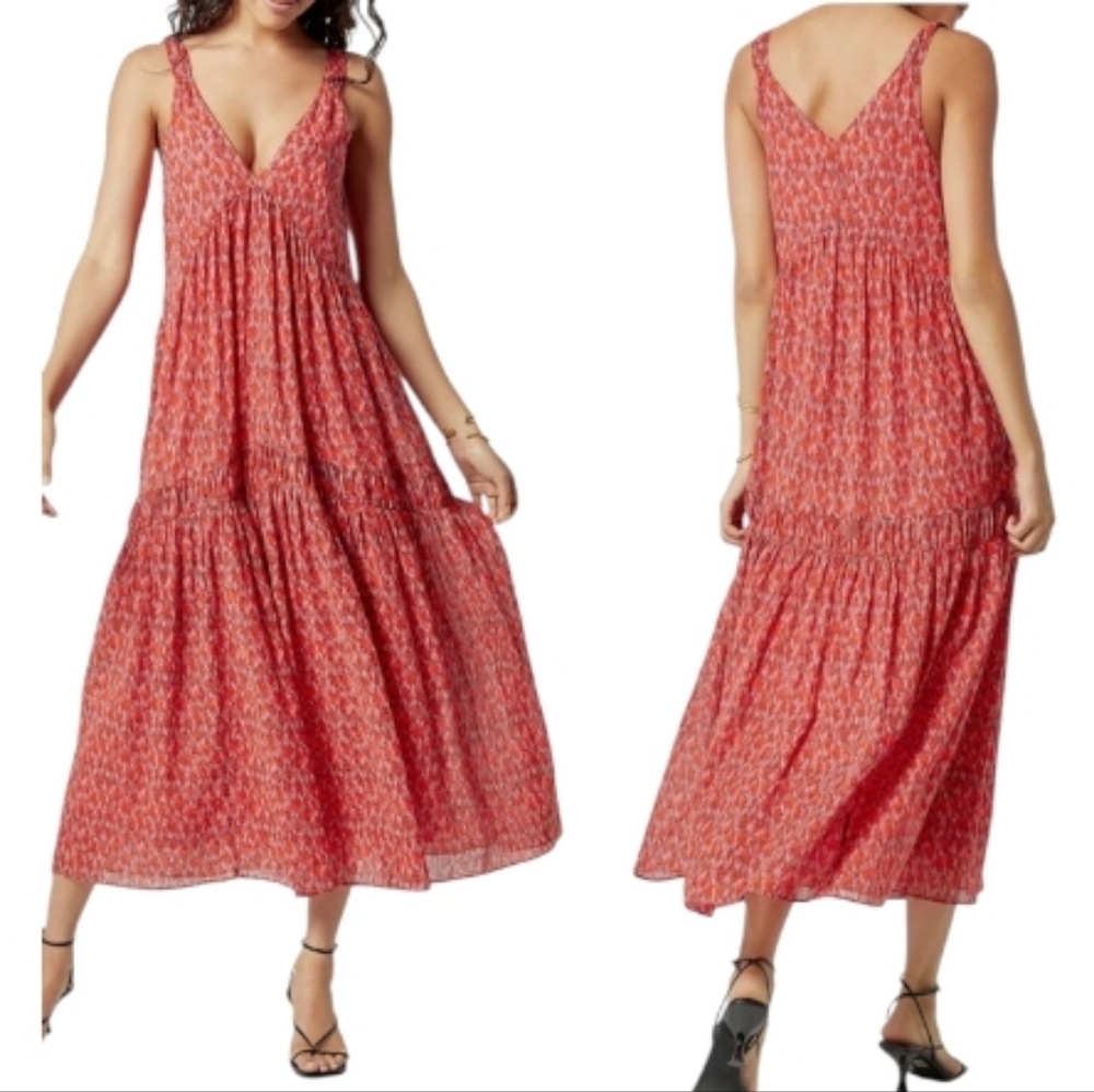 Joie Bondi Cotton Tiered Maxi Dress Ikat Flowy Red Size Medium